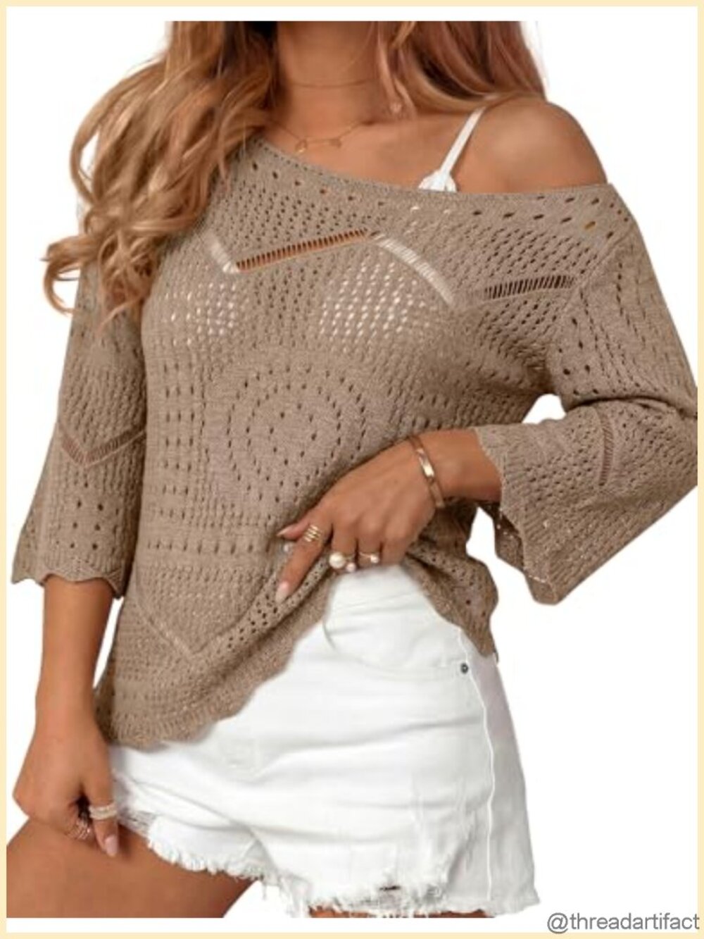 Crochet Hollow Out Knit Top 3/4 Sleeve Beach Cover Up